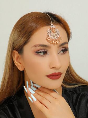 1 件时尚宫廷风格水钻新月流苏额链头饰，适合女士、女孩日常、节日、新娘婚礼和派对佩戴