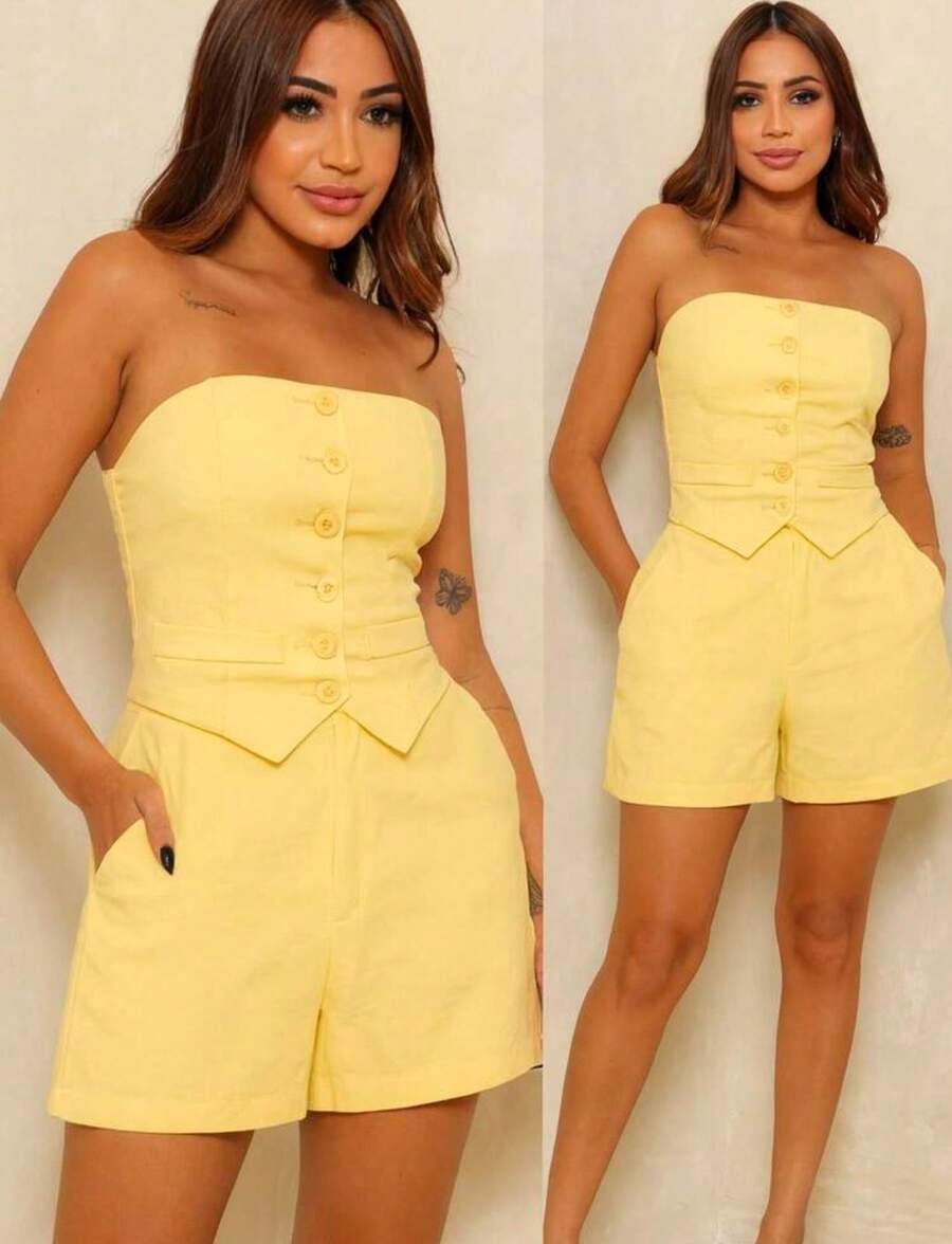 Women's Formal Set With Shorts And Button-Down Top, Summer 2026 - 黃色 - 查看 1