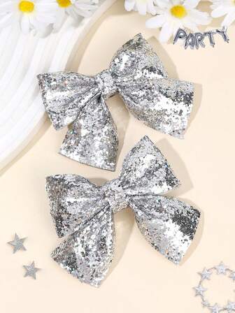 2pcs Sparky Plain Hair Bows For Girls Silver Sequins Covered Bow Alligator Clips Party Dance Party Hair Clips Shiny Cool Girls Bows Barrettes Casual Hairpins Teens Hair Accessories