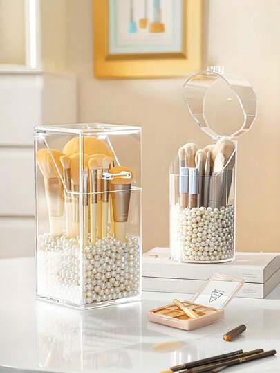 2/1pc, Makeup Brush Holder With Dust Cover, Transparent Acrylic Cosmetic Storage Box, (Excluding Pearls), Large Capacity Storage Box, Pen Holder