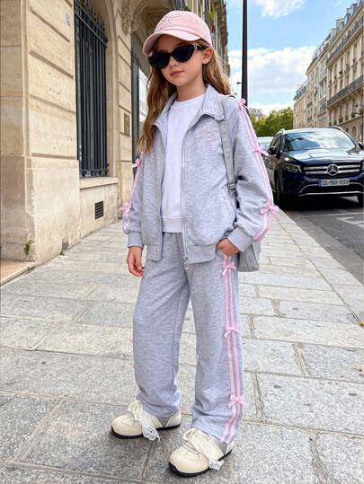 Girls' Casual Bow Embroidered Cuff Cardigan Set, Spring/Autumn