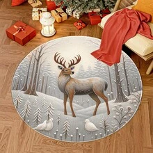 1 covor din flanel cu tematică de Crăciun - o căprioară stând într-o pădure înzăpezită cu copaci și doi porumbei albi, covor lavabil potrivit pentru dormitor, sufragerie, balcon, casă, hotel, birou și decorațiuni festive