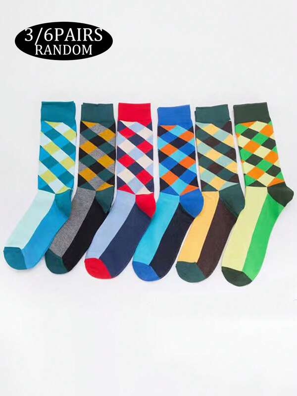 6 par męskich skarpetek do połowy łydki, kolorowe skarpetki rurki w romby, skarpetki do jazdy na deskorolce w stylu europejskim i amerykańskim, uniwersalne skarpetki męskie