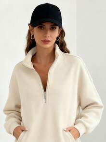 Women's Solid Color Half-Zip Chimney Neck Sports Sweatshirt - 米色 - 查看 1