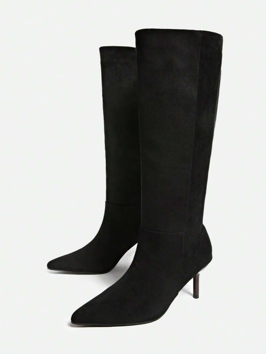 秋冬季尖头时尚百搭麂皮过膝长靴，猫跟，细高跟
