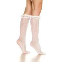 Benefeet Sox Lace Knee High Socks Women Girls Patterned Mesh Fishnet Knee High Stockings Hollow Calf Lolita Sock{"Color_name":"White-SatinRuffleBowHeart"} - 白緞荷葉邊蝴蝶結心形 - 查看 10