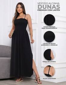 Elegant Long Dress With Adjustable Elasticated Straps And Side Slit. - Black - View 2