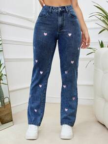 Women's Fashion Casual Plus Size Dark Blue Elastic Denim Pants With Pink Heart Embroidery, Soft & Comfortable For Spring, Summer, Autumn, Winter - Dark Wash - View 4
