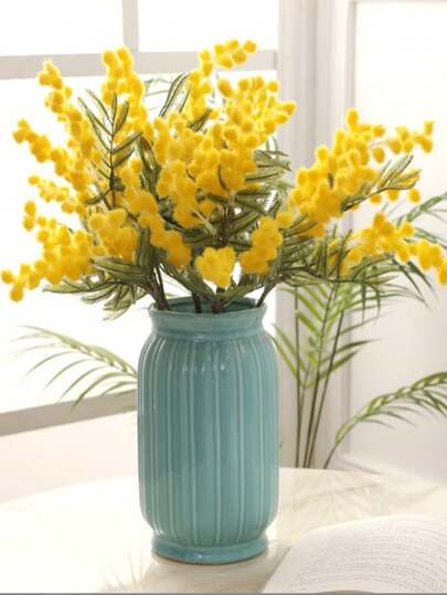 1 Bunch 7 Stems Artificial Yellow Mimosa Sensitive Plant, Fake Flowers For Home And Party Decoration