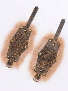 2件装PU皮革维京护腕：仿毛皮镶边骷髅印花盔甲，适合角色扮演游戏、文艺复兴集市和角色扮演活动 - A - 查看 5