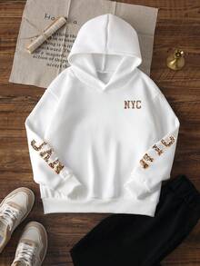 1件少女休闲豹纹及英文字母图案套头卫衣，加厚保暖内衬，宽松版型，秋冬季，适合年轻学生穿着，纽约市 - 白色 - 查看 3