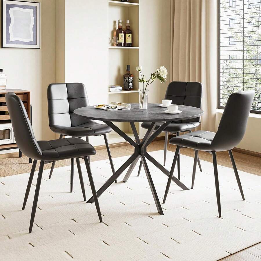 Dining Table And Chairs Set Of 2, Folding Round Dining Table With 2 PU Leather Chairs For Dining Room,Kitchen,Living Room - Gray Table + 4PU Black Chair - View 1