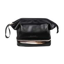 1pc Double Layer Waterproof Leather Cosmetic Bag, Large Capacity Makeup Bag, 2-In-1 Portable Travel Makeup Bag, Double Decker Travel Makeup Bag, Women Makeup Bag, Toiletry Bag, Waterproof And Durable Makeup Organizer With Brush Holder