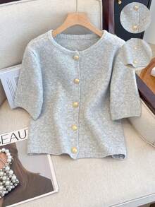 1pc Women's Solid Color Metallic Button Sweater, Casual Round Neck Short Sleeve Cardigan, Versatile Knit Sweater Tops, Autumn/Winter