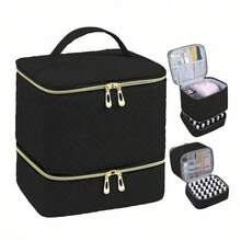 1pc Dual Layer Large Capacity Makeup Bag, Velvet Portable Travel Cosmetic Storage Box, Bathroom Toiletry Cosmetic Nail Polish Organizer - Multicolor - View 1