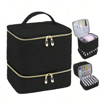 1 st dubbelskiktad sminkväska med stor kapacitet, bärbar kosmetikalåda i sammet, organisatör för toalettartiklar och nagellack
