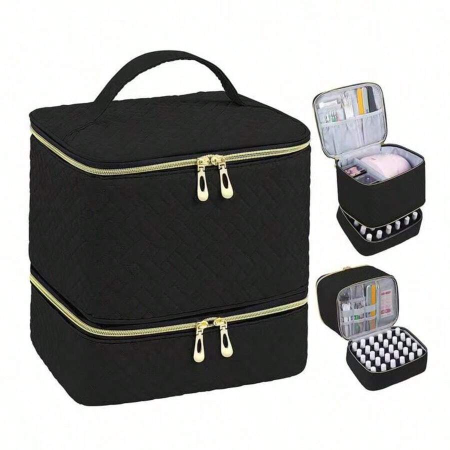 1pc Dual Layer Large Capacity Makeup Bag, Velvet Portable Travel Cosmetic Storage Box, Bathroom Toiletry Cosmetic Nail Polish Organizer - Multicolor - View 1