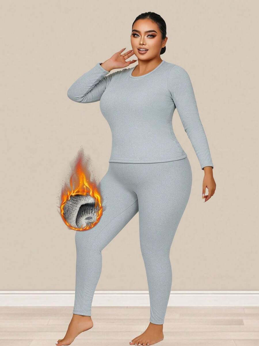 1 Set Autumn/Winter Plus Size Women's Thermal Lined Ribbed Grey Warm Set, Round Neck Long Sleeve 2-In-1 Built-In Non-Wired Padded Slim Fit Top, Letter Waistband Thermal Lined Ribbed Tight Leggings, Slim Fit Innerwear Home Sleepwear Set - Grey - View 1