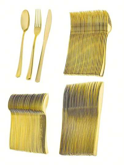 150/75/50/30/25/20/10件套金色餐具套装，适用于婚礼、新娘送礼会、生日派对、婴儿派对等场合，也可用作活动餐具。