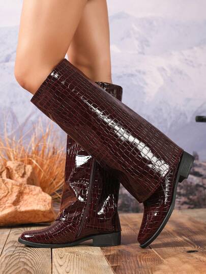 Women's Fashion Crocodile Embossed Burgundy Knee-High Boots With Side Zipper, High Heel Tall Boots For Autumn/Winter, Casual, Party, Commuting