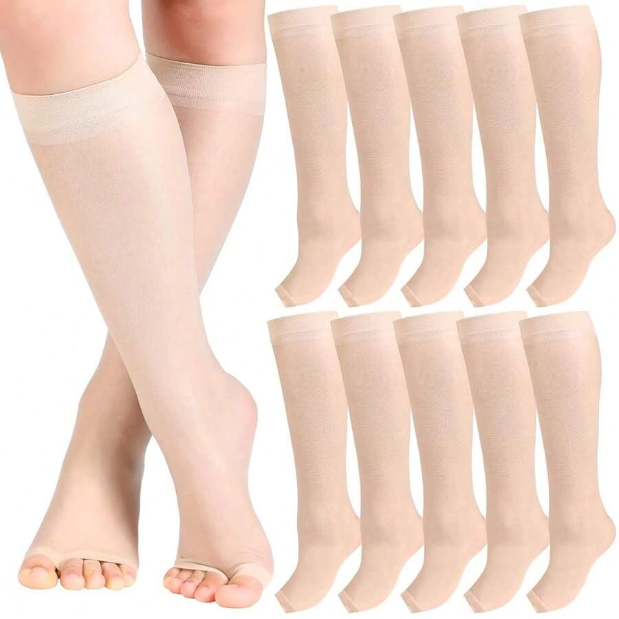 Bonuci 8 Pairs Toeless Knee High Open Toe Trouser Socks Long Socks Open Toe Feet Stockings For Women{"Color_name":"Skin"} - Da - Xem 1