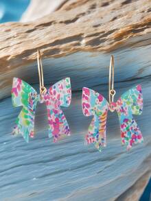 2pcs Fashion Women's Graffiti Colorful Bow Earrings, Cute Acrylic Bow Design Earrings, European And American Style