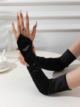 1pair,Black Satin Fingerless Gloves, Elegant Evening Gloves, Suitable For Wedding Parties, Christmas Formal Occasions, Ladies' Fashion Accessories, Wedding Performance Ball Gloves And Costume Accessories.