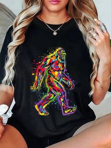 100% Cotton Colorful Abstract Bigfoot Painting Art Graphic Motif Bigfoot T-Shirt Women's Men's Summer Vacation Soft Tee Relaxed Fit Classic Comfort Tops - Black - View 5
