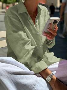 Look Polly 女士春夏纯色棉质衬衫休闲简约单排扣开衫长袖上衣，适合日常海滩度假穿着 - 軍綠色 - 查看 6