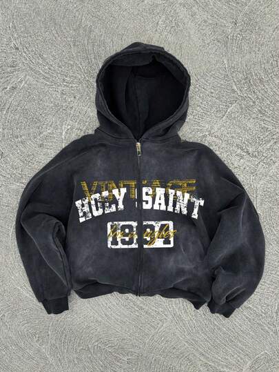 超大宽松男士薄款卫衣，柔软舒适，适合春秋季穿着，字母和图案印花拉链连帽衫