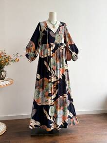 Rusttydustty Đầm maxi dáng rộng phong cách Bohemian cho nữ cỡ lớn, họa tiết hoa, thích hợp mặc đi biển, dự lễ hội âm nhạc, mang đến vẻ đẹp nhiệt đới mùa xuân thanh lịch. - Màu xanh hải quân - Xem 4