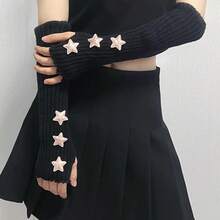 1PC JK Fingerless Gloves, Multi-Color Series - Blue/Pink/Yellow/Black Arm Warmers, Sweet & Cute Girls' Knitted Christmas Star Fingerless Gloves For Women With Cuff Design, Suitable For Holiday, Party, Dress-Up & Daily Wear All Year Round - 藍色系[白色] - 查看 5