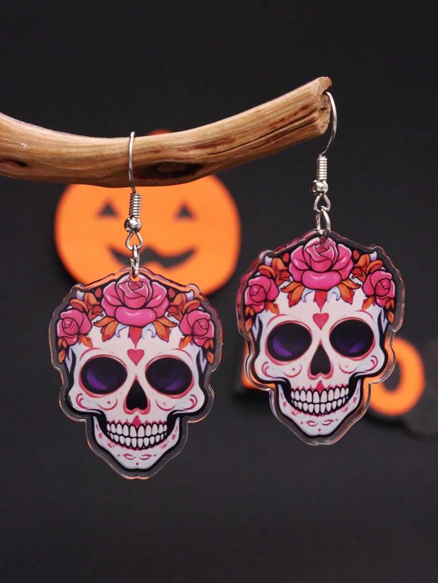 1 对哥特式花卉骷髅吊坠耳环，色彩鲜艳百搭的时尚朋克女士珠宝，适合万圣节、亡灵节、派对和日常佩戴