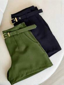 KIT 2 Women's Tailored Shorts With Covered Belt Summer  2026 - 黑色/軍綠色 - 查看 2