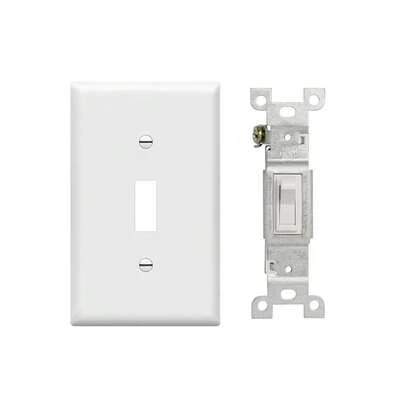 1/5 công tắc bật tắt đơn cực, công tắc gắn tường tay đòn, chịu lực nặng, 15 Amp, 120 Volt, tự nối đất, có dây cứng, không bao gồm tấm ốp tường, dễ lắp đặt, được chứng nhận UL, màu trắng