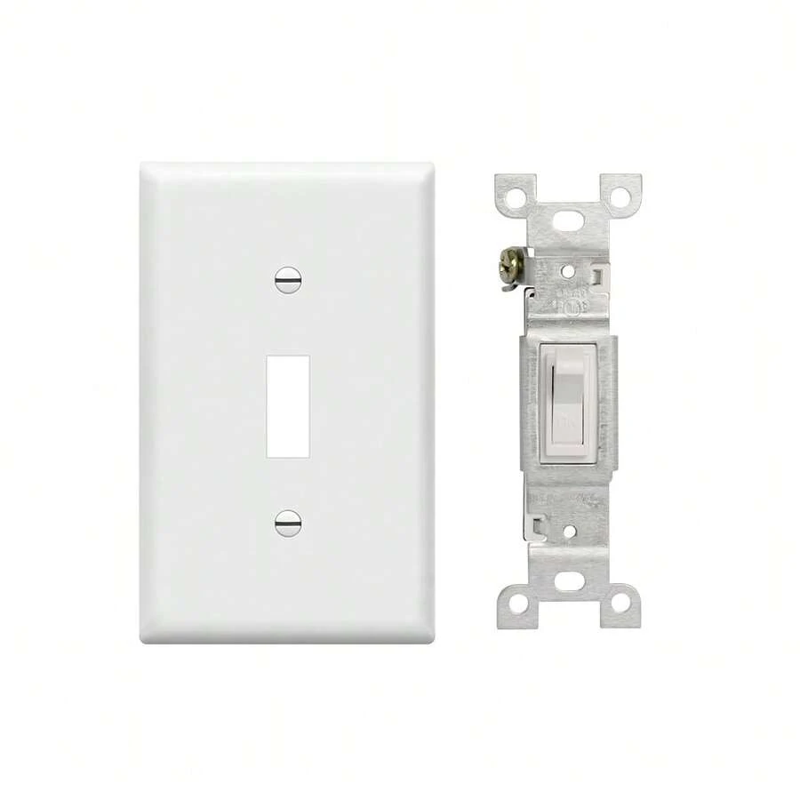 1/5 件单刀拨动开关，摇臂墙壁开关，重型，15 安培，120 伏，自接地，硬接线，不含墙板，易于安装，UL 认证，白色 - 白色 - 查看 1