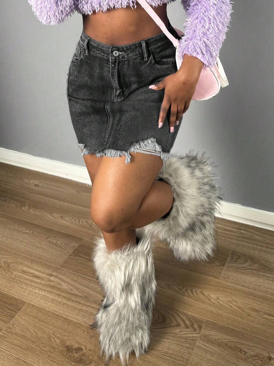 Halloween Christmas Y2K Retro Frayed Hem Denim Mini Skirt, WaistSlim A-Line Heart Shaped Body Conskirt In Women, Summer Design, Summer Dresses For Women, Summer Dress, Summer Clothes Women, Denim Skirt, Going Out. - 灰色 - 查看 1