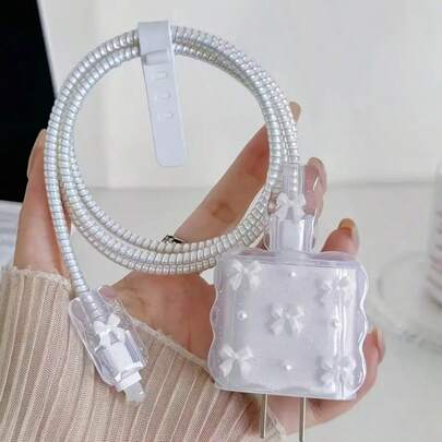 5pcs Small Light Pink Bow, Heart & White Pearl Design 20W/18W Phone Charger Set, Includes Charging Cable Protector, Charging Head Protector Case, Compatible With IPhone Charger Accessories, Holiday Gift