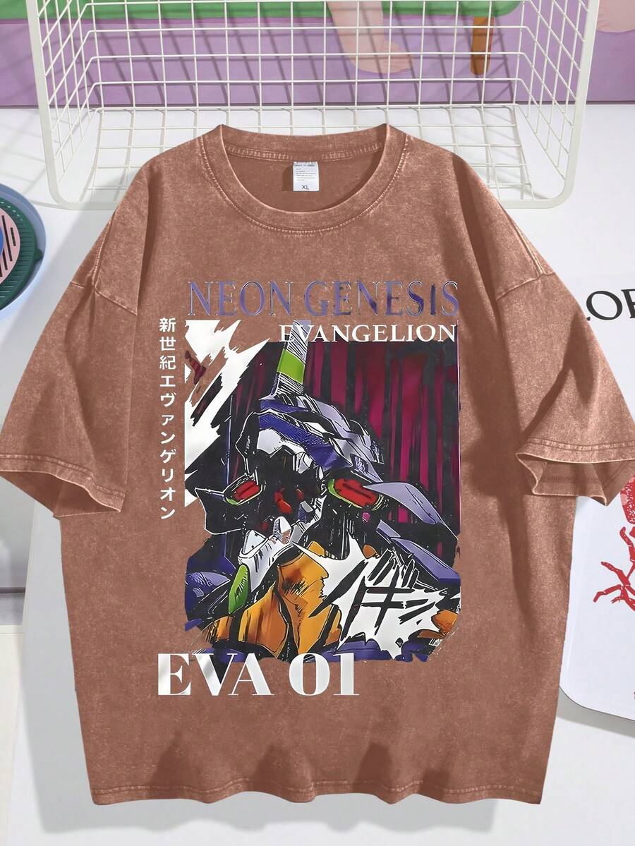 Washed T-Shirt Unisex | Retro Mecha Graphic | Anime Print Short Sleeve - 咖啡棕 - 查看 1