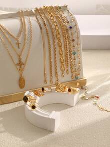 17KM Colar Y multicamadas com pingente de cristal em cruz, simples e moderno, 16 peças, conjunto de anéis empilháveis âmbar, cor outono/inverno, conjunto de pulseiras de corrente grossa exagerada, conjunto de joias femininas, adequado para feriados, encontros, uso diário, festas, casamentos, Natal, presente de Ação de Graças