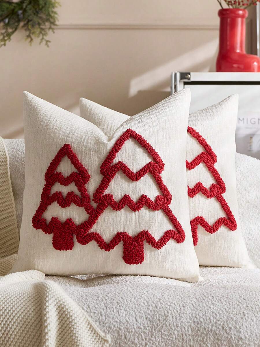 3D Christmas Tree Pillow Case, Rustic Farmhouse Style Christmas Tree Pillow Case, 17.72x17.72 Inches, Polyester Material, Zipper Design, Hand Wash Only, Geometric Pattern, Holiday Home Decor Cushion Cover (1pc, 2pcs Optional) - Red - View 1