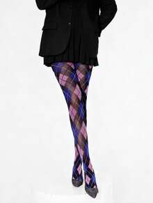 格子、花卉、条纹蓝粉丝绒连裤袜，菱形图案尼龙紧身裤，卡通格子紧身裤，高弹透气舒适塑形瑜伽紧身裤，女士款，舒适保暖 - 粉色 - 查看 4