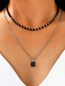 1pc Minimalist Chic Black Gemstone Double Layer Necklace, Layered Choker Necklace, Fashionable Accessory Suitable For Women's Daily And Holiday Wear