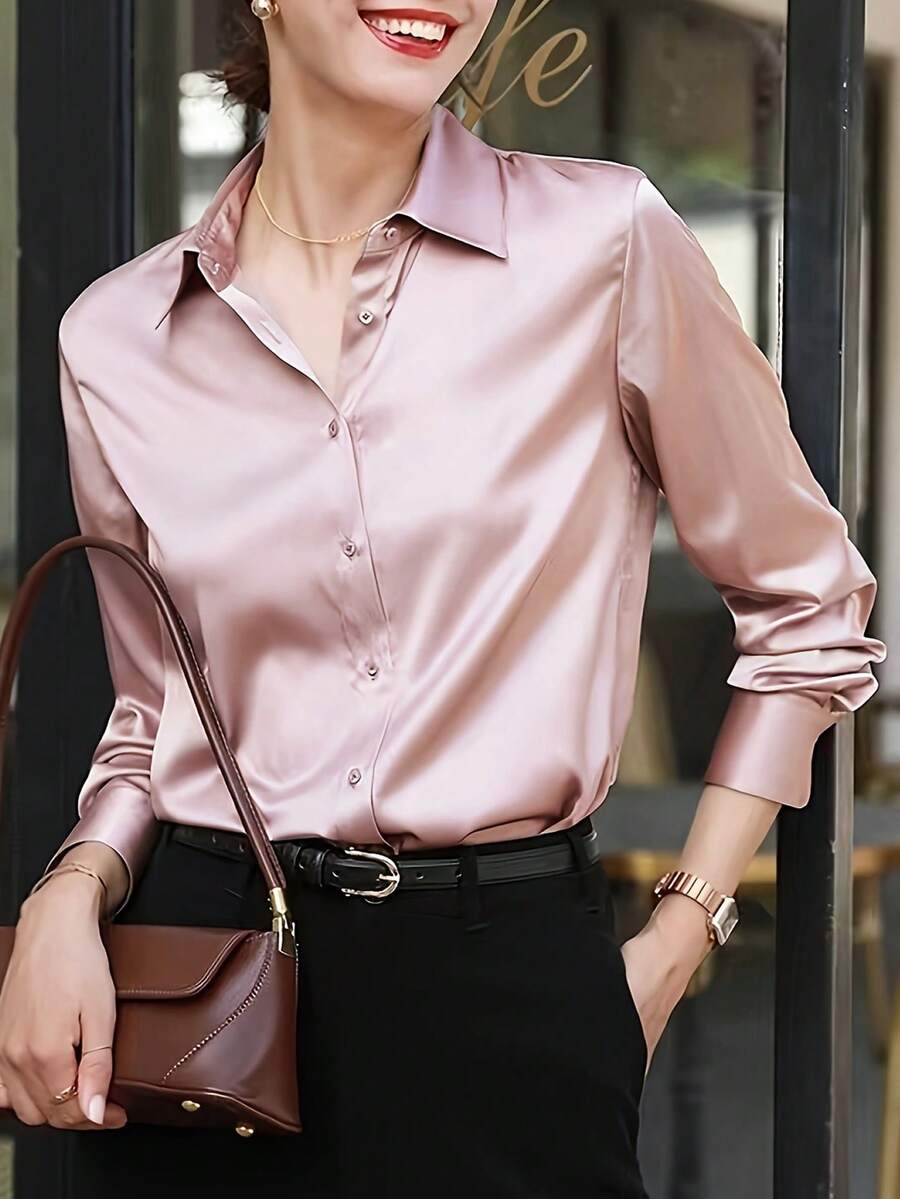 Áo kiểu nữ thanh lịch, sang trọng, màu trơn, chất liệu satin giả lụa, tay dài, thích hợp cho công sở, mùa xuân. - Bụi hồng - Xem 1