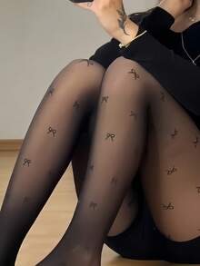 1双女士透明蝴蝶结连裤袜，百搭轻便，时尚设计，适合青少年，可搭配正装和休闲装，秋冬季穿着。 - 黑色 - 查看 1