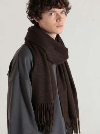 1 pieza Elegante y de moda Bufanda de pashmina de lana de unicolor y cálida, chal con flecos a prueba de frío unisex, adecuado para uso diario, otoño/invierno