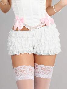 Shorts bloomers con volantes micro de estilo Y2K para mujer, shorts mini con volantes y encaje, cintura elástica, shorts coquetos tipo boyshorts - Blanco - Ver 3