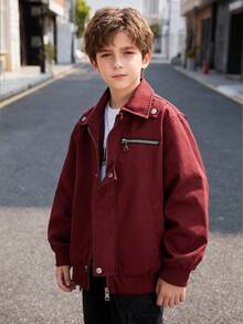 Boys' Casual Button & Zipper Red Jacket - Burgundy - View 1