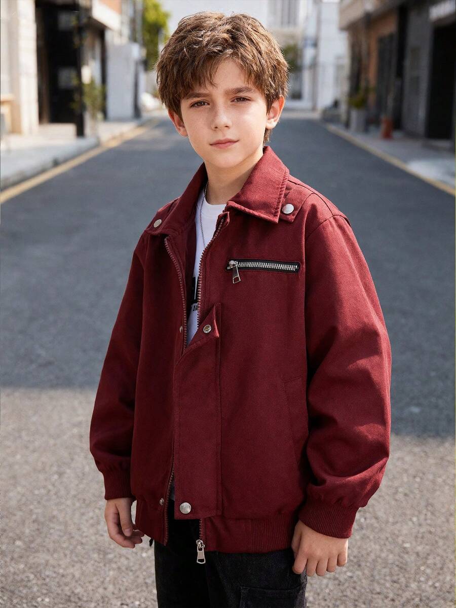 Boys' Casual Button & Zipper Red Jacket - Burgundy - View 1