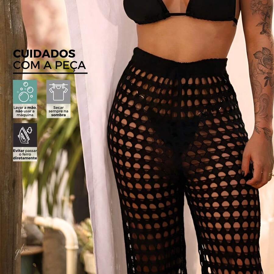 Women's Beach Cover-Up, Knitted Pants, Fashion, Summer, Sarong, Flare, Bloggers, Quality, Adjustment, Drawstring, Crochet - 黑色 - 查看 1